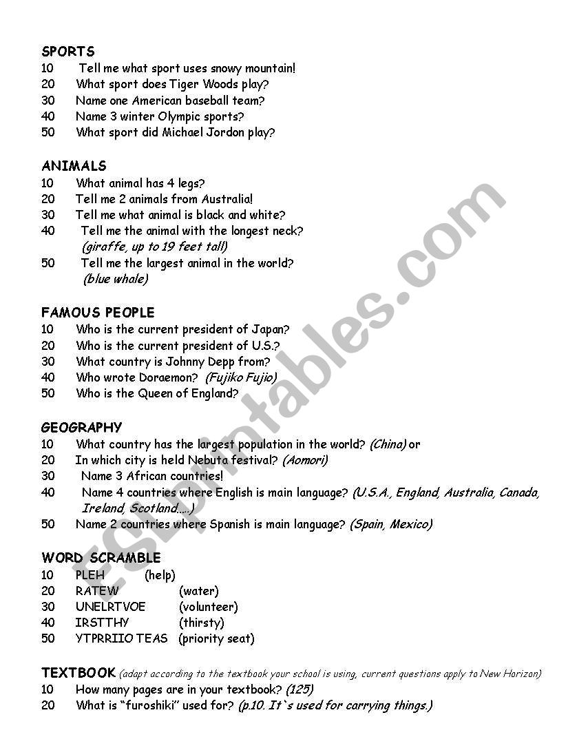 Jepordy Questions worksheet