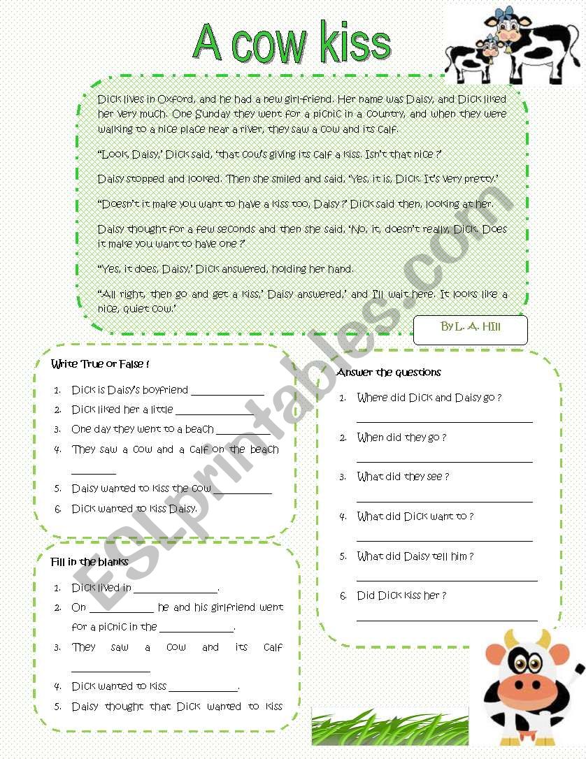 A cow kiss worksheet