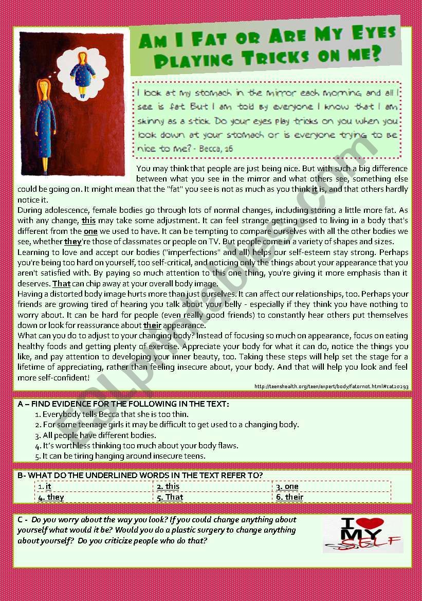 text - TeensÂ´ Body Image & Self -esteem + comprehension + debate/essay
