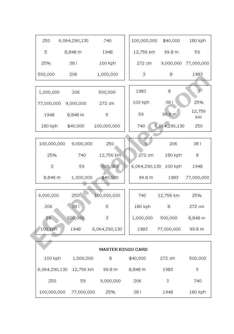 Big Numbers Bingo worksheet