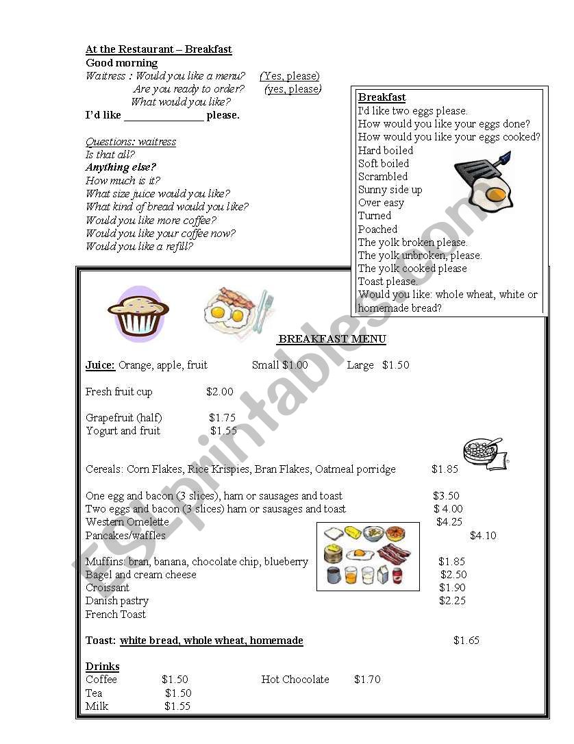 Menu Breakfast worksheet