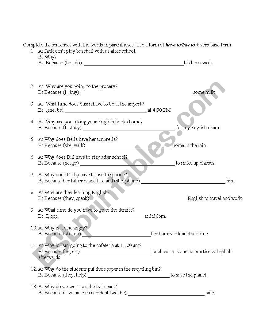 Have to - affirmative worksheet