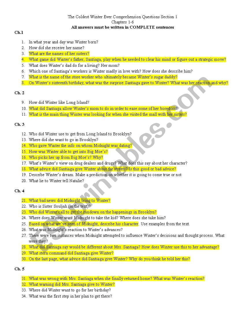 The Coldest Winter Ever Comprehension Questions