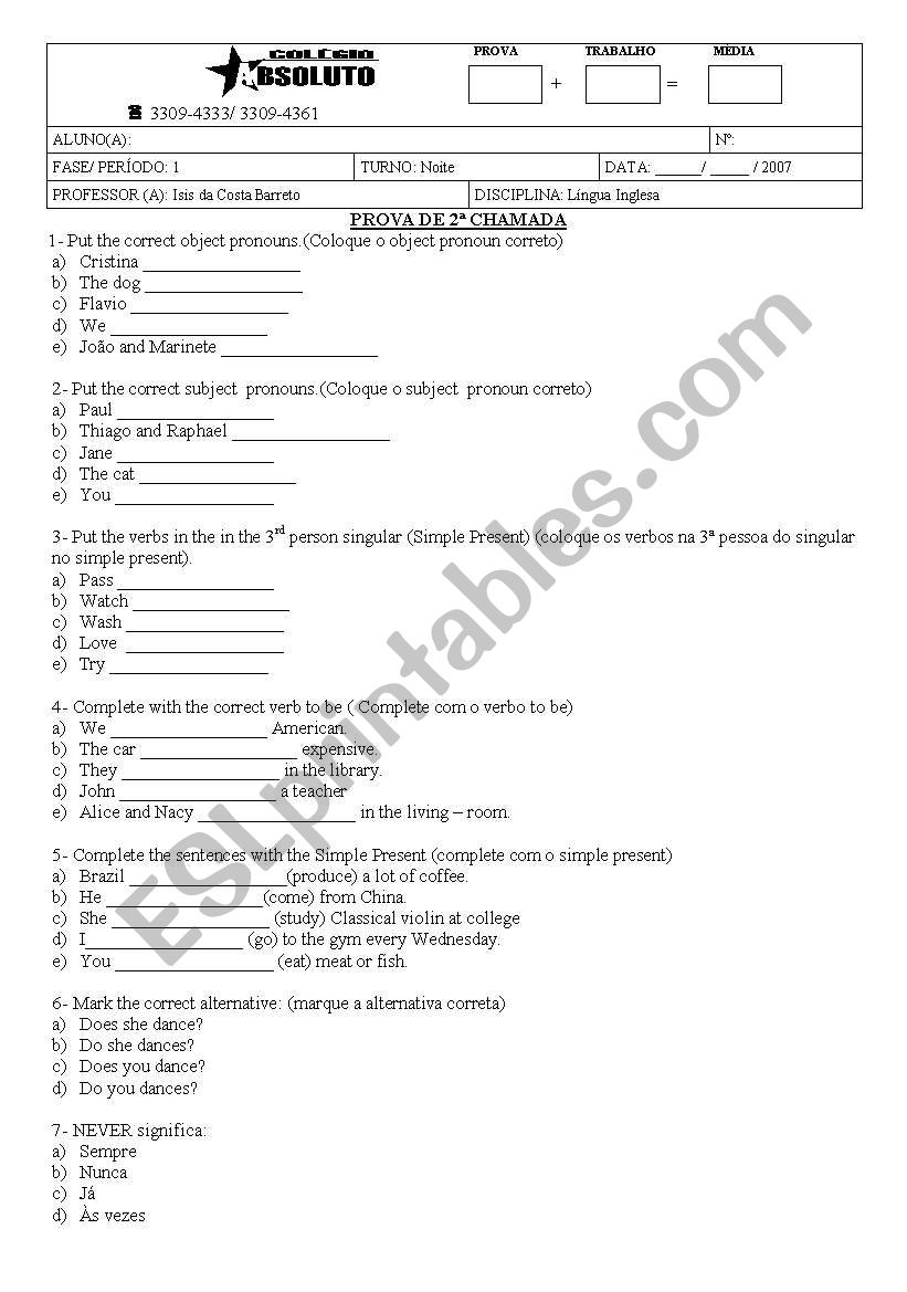 prova worksheet