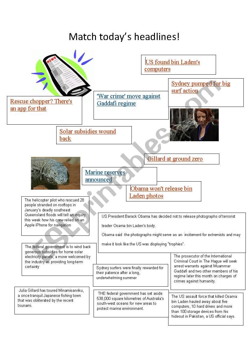 Reading activity- match the headline to the first few lines of the text