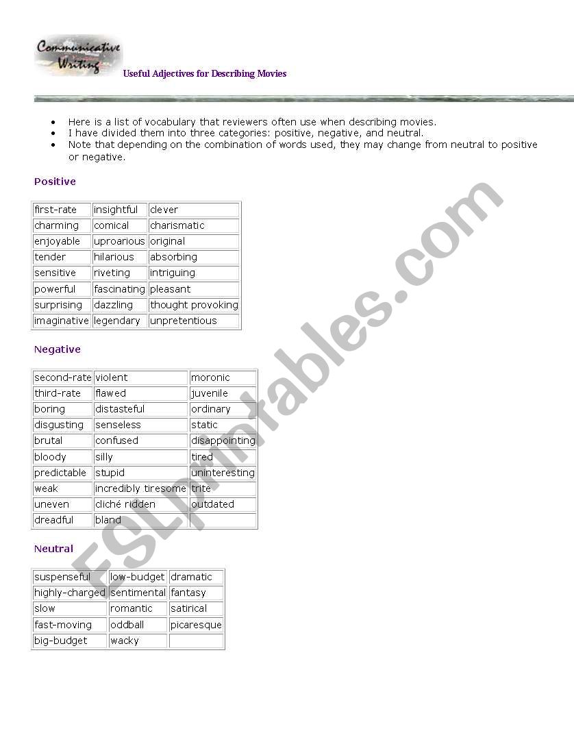 adjectives for movie review worksheet