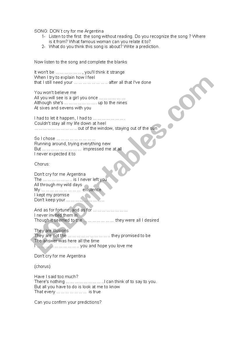 Dont cry for me Argentina worksheet