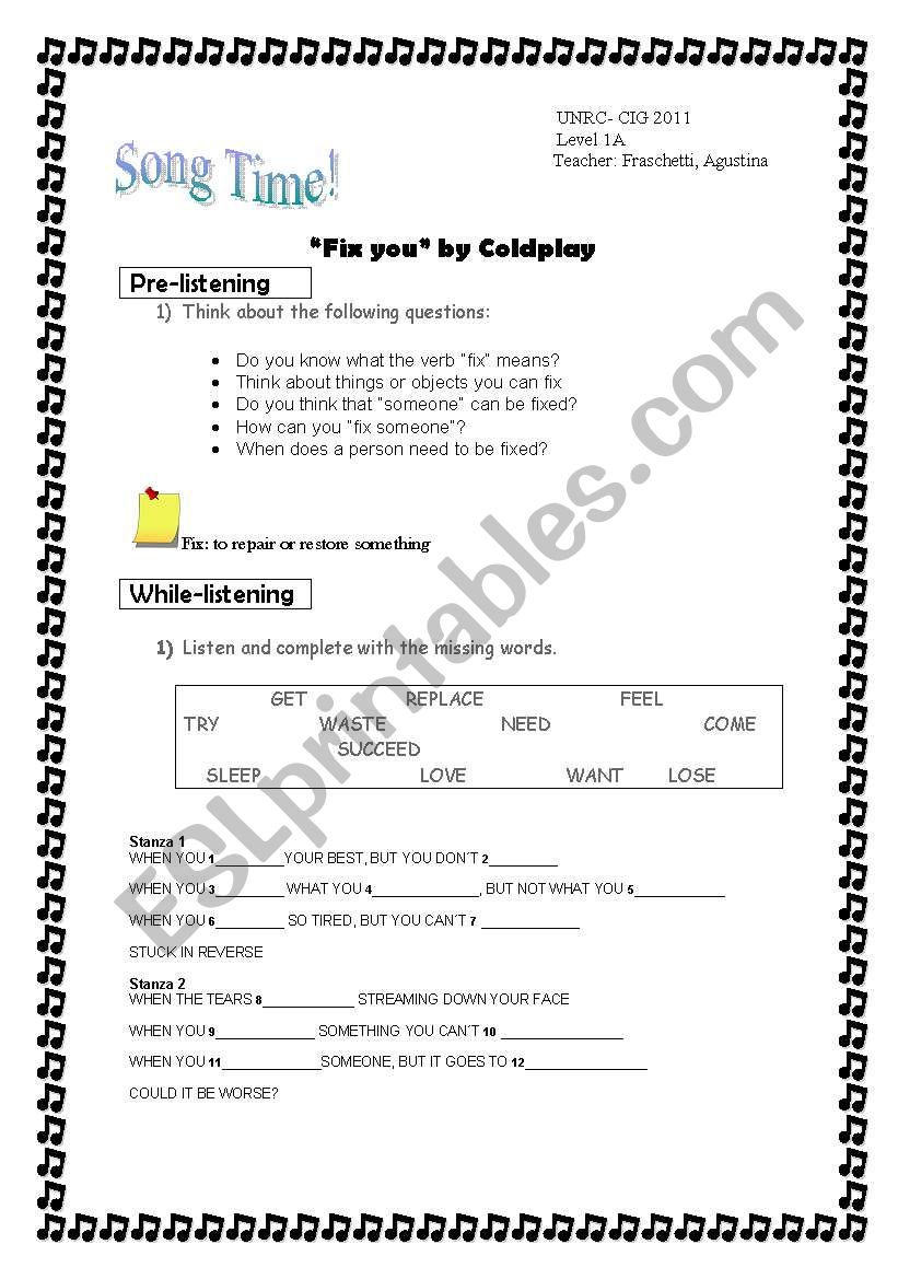 Song: Fix you by Coldplay worksheet