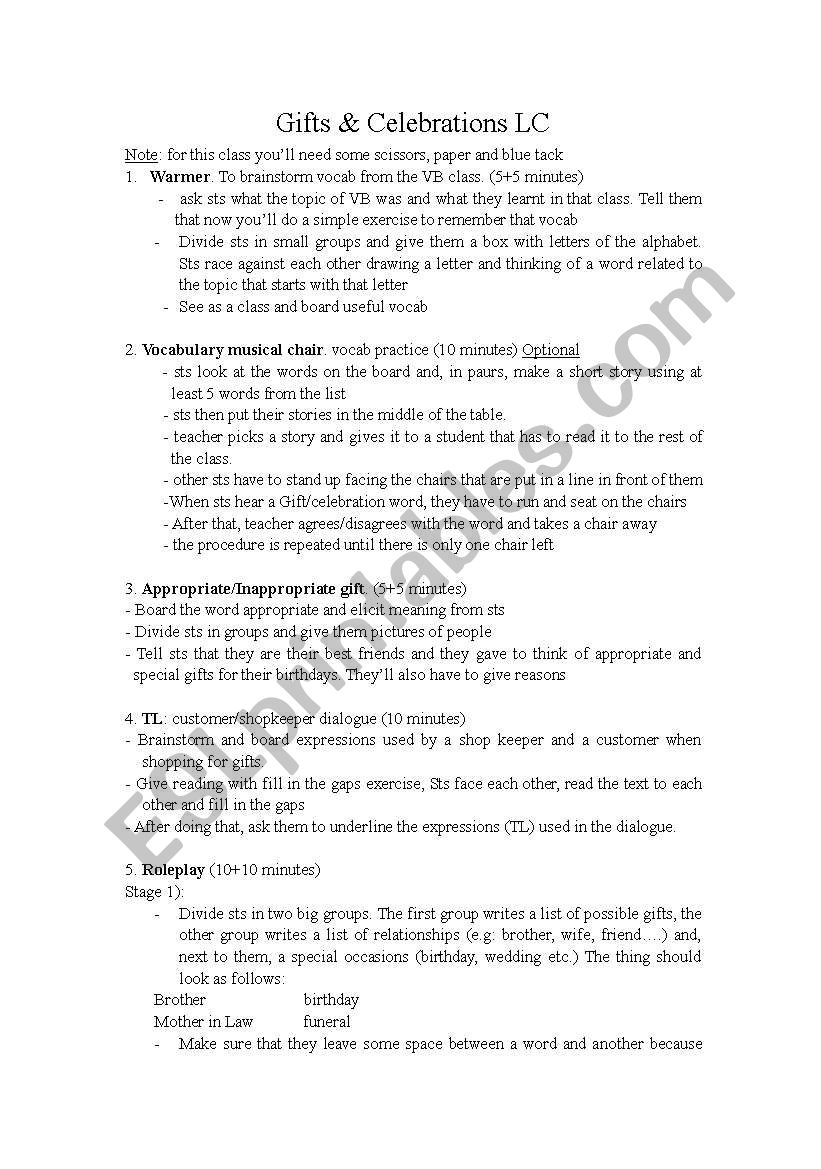 Gifts and celebrations worksheet