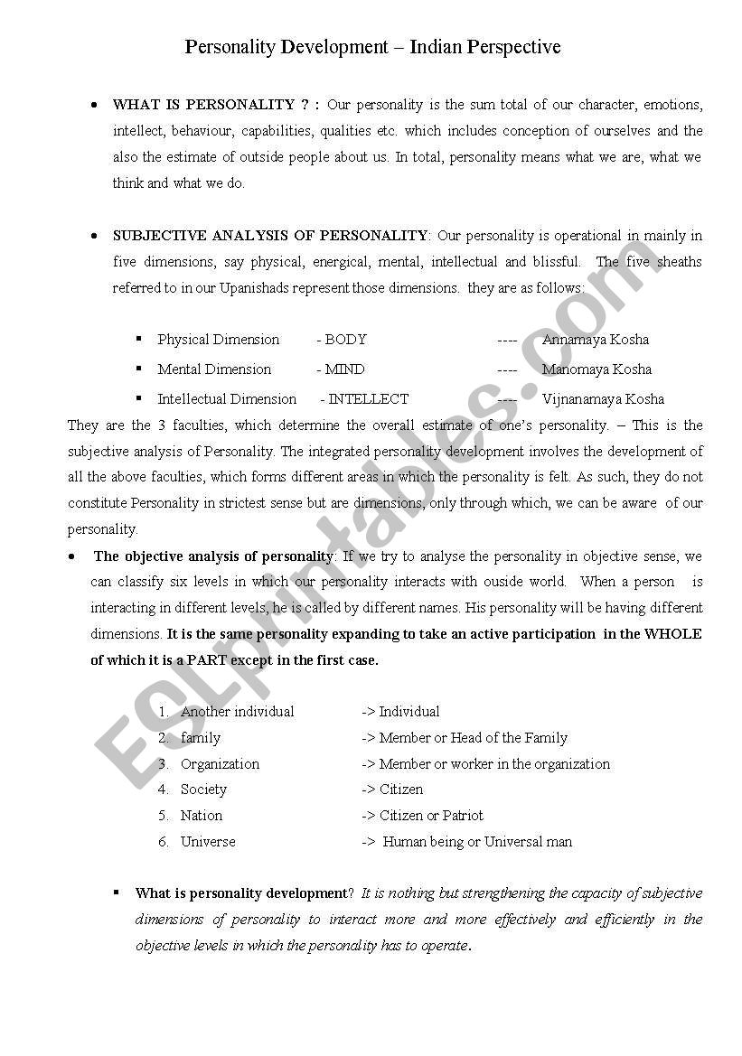 Personality Development worksheet