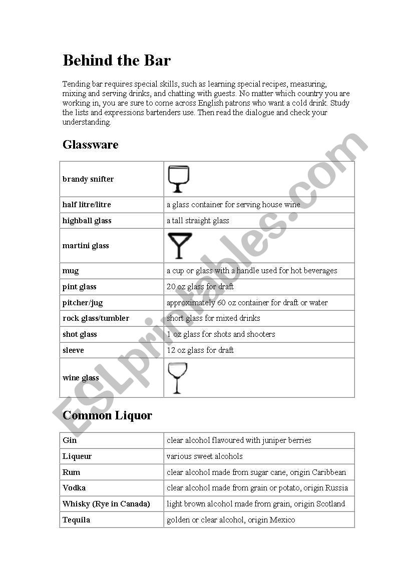 Behind the Bar worksheet