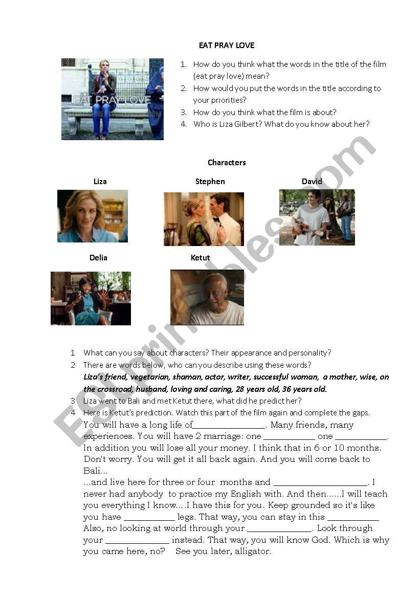 EAT PRAY LOVE worksheet