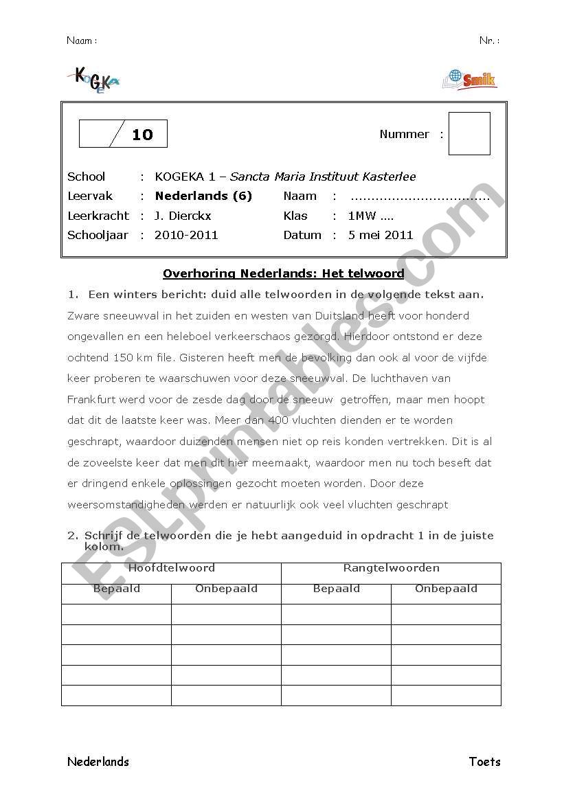 test numbers  worksheet