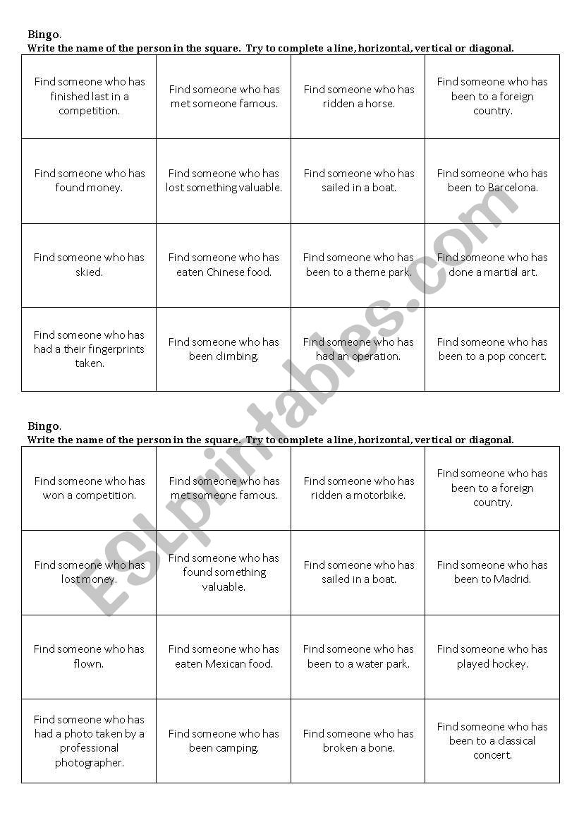 present perfect Find someone bingo game