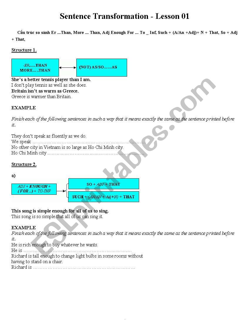 English Worksheets Sentence Transformation