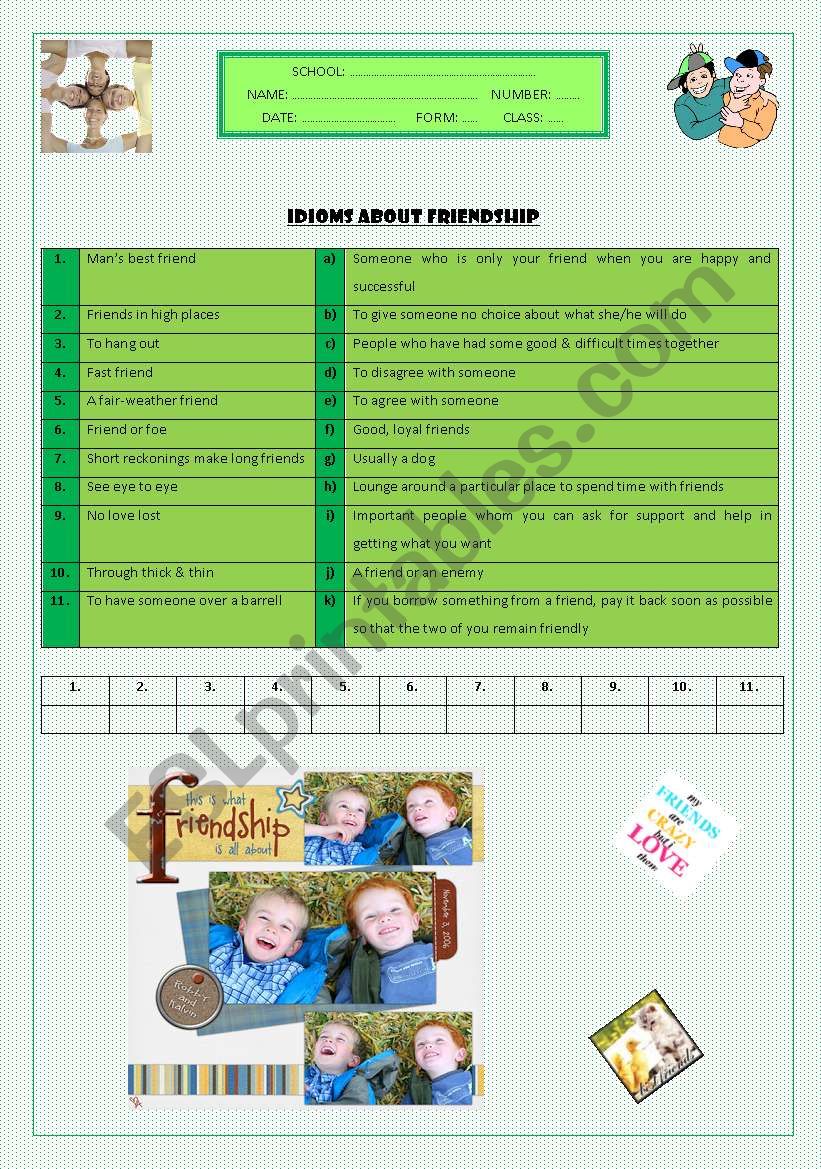 IDIOMS ABOUT FRIENDSHIP worksheet IDIOMS ABOUT FRIENDSHIP worksheet