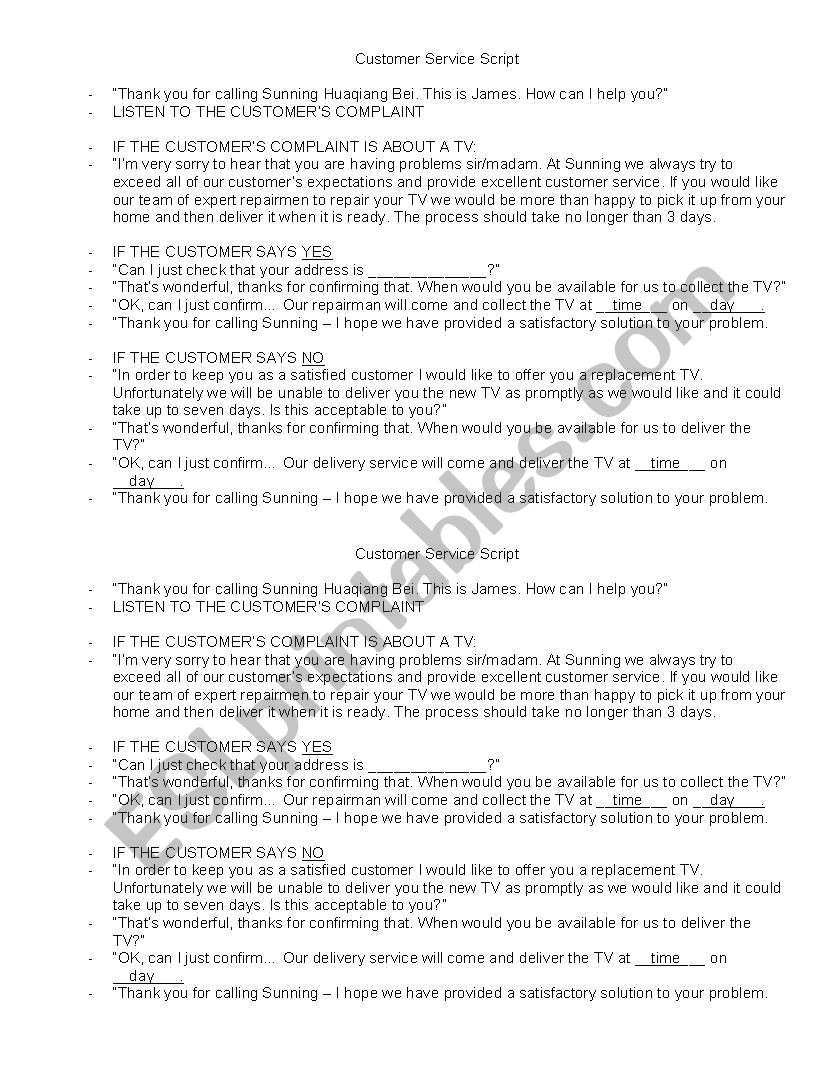 Customer Service Script worksheet