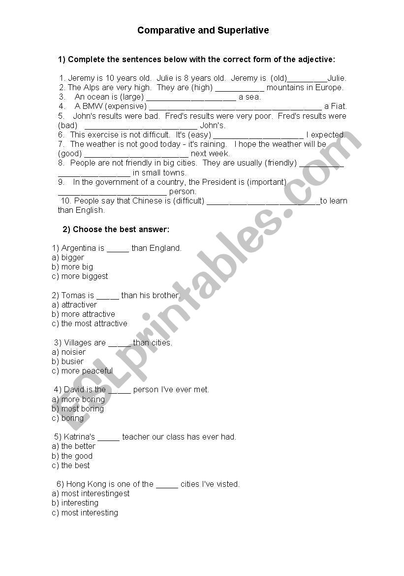 Comparative and Superlative worksheet