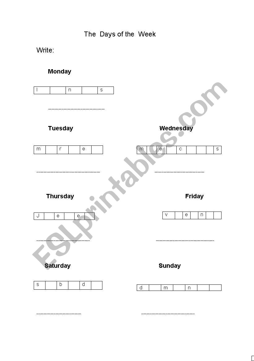 DAYS OF  THE  WEEK worksheet