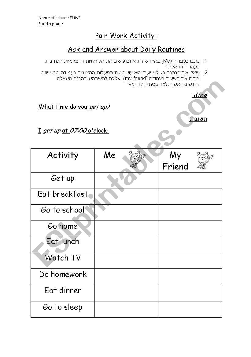 Daily Routines- Pair Work Activity