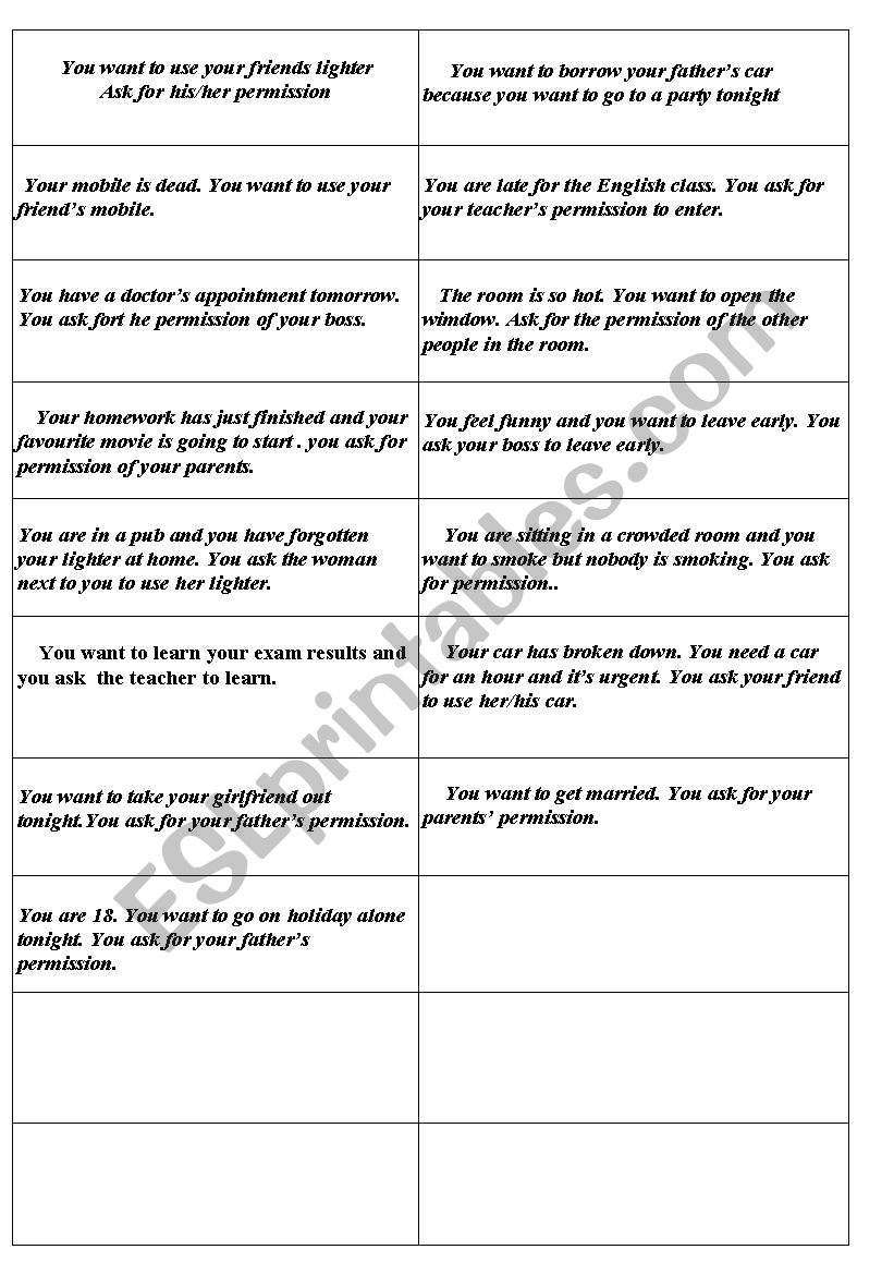 MODALS OF PERMISSION Speaking cards