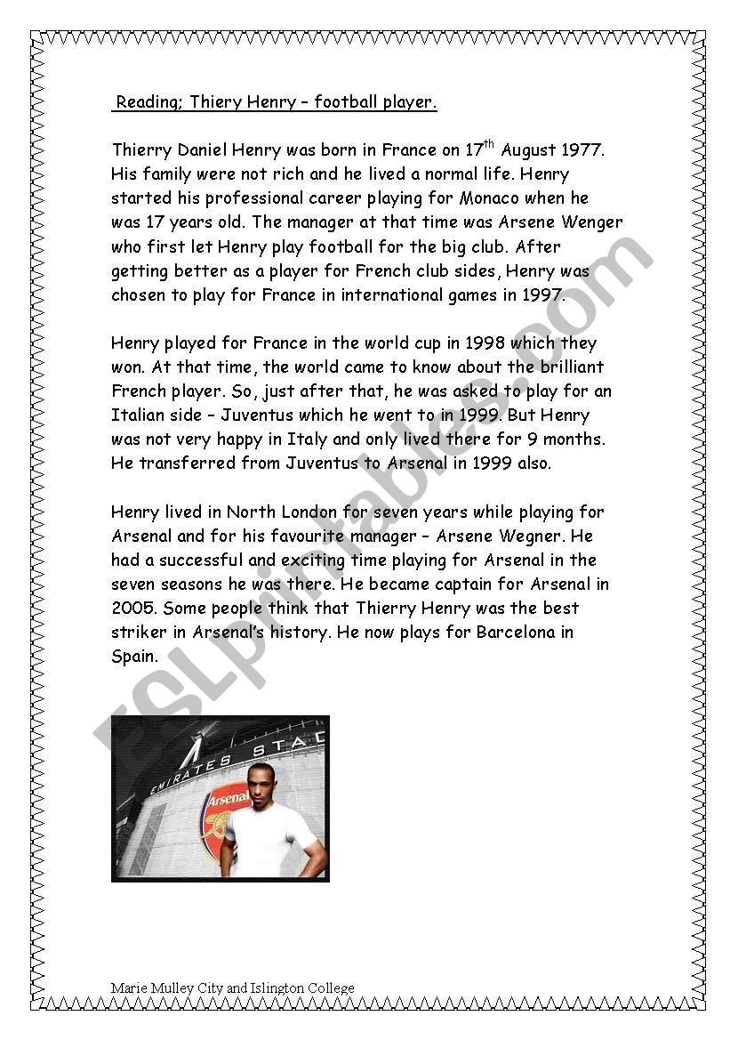 Thierry Henry - Footballer worksheet