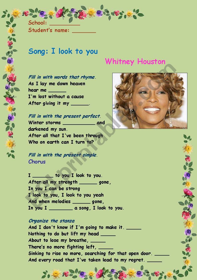 Working with verb tenses and prepositions : Song - I look to you (Whitney Houston) - With Answer Key