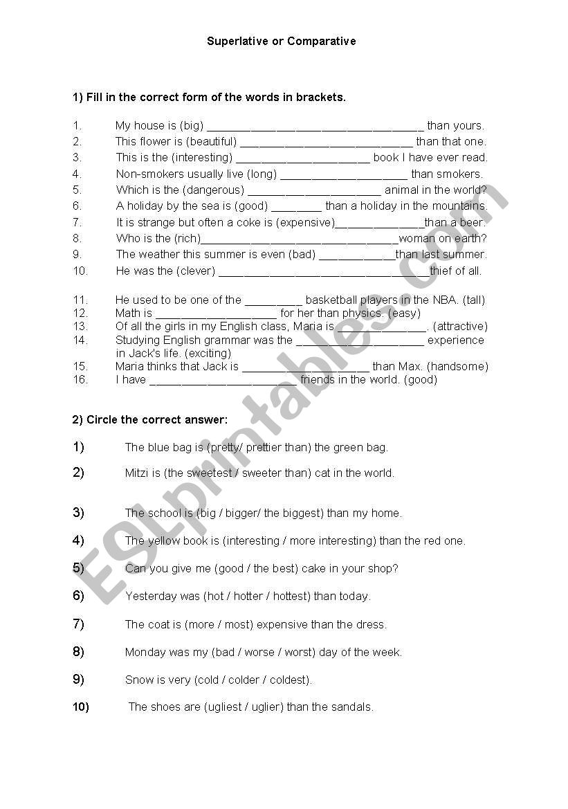 Superlative or Comparative worksheet