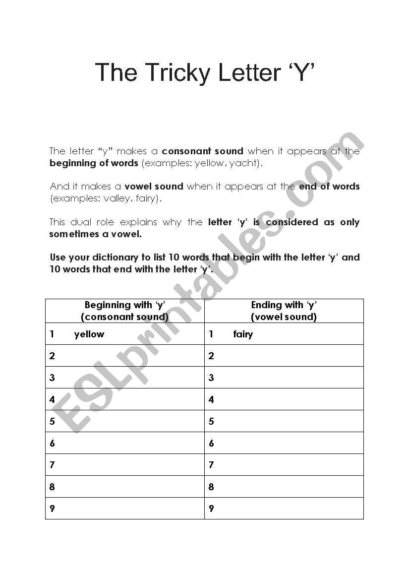 The Tricky Letter Y worksheet