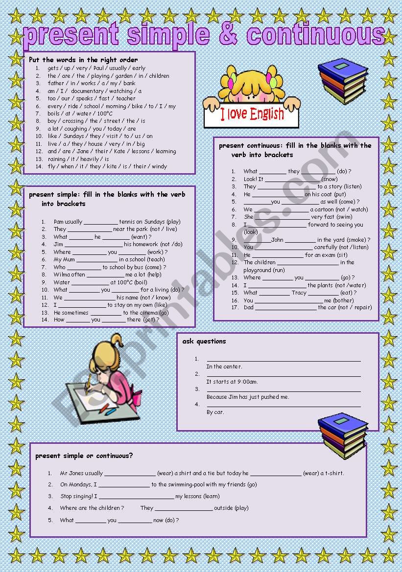 Present simple and continuous worksheet