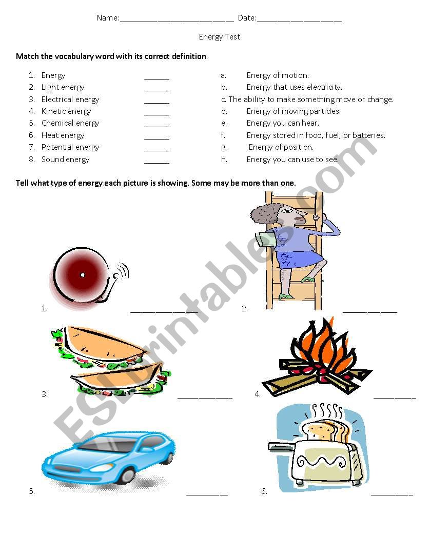 Energy Test worksheet