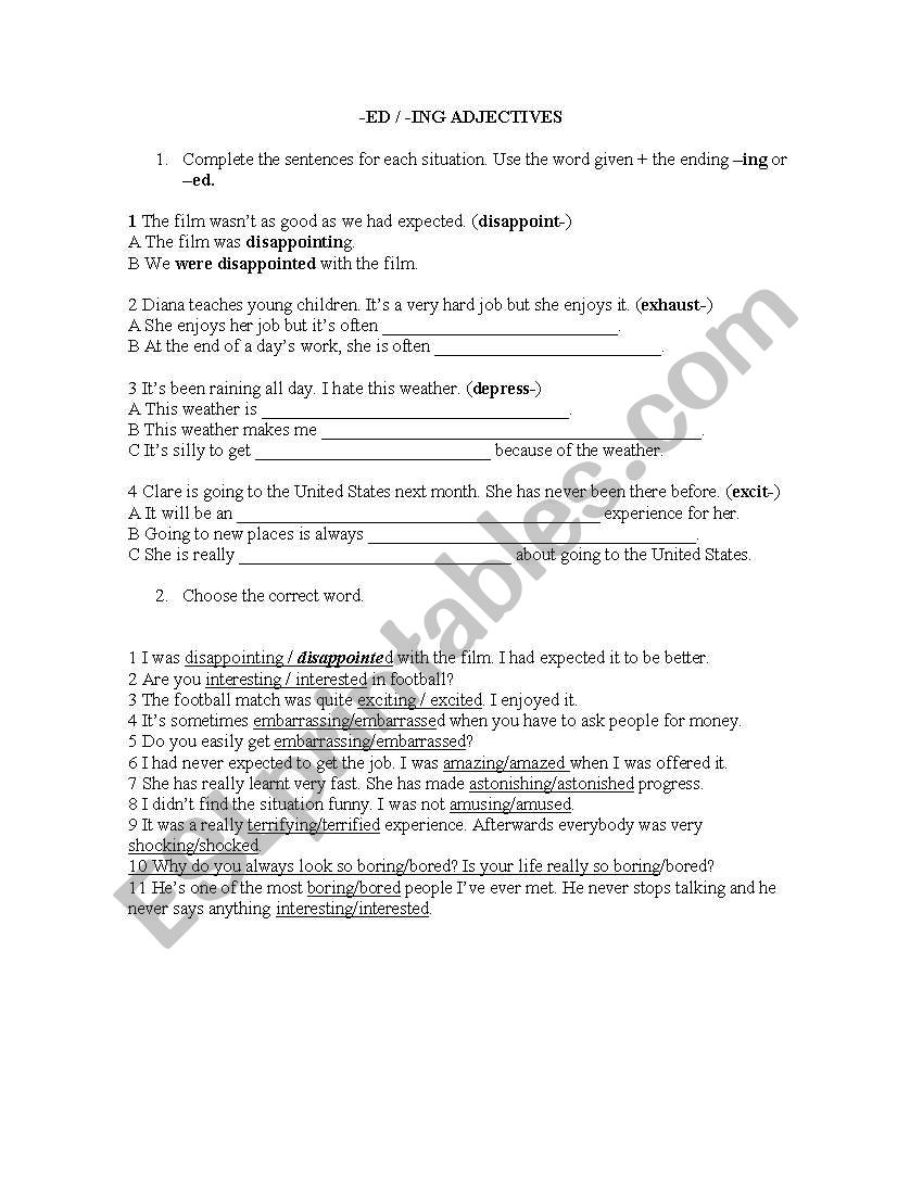 ED and ING adjectives worksheet