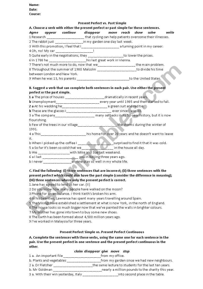 Test on Tenses worksheet