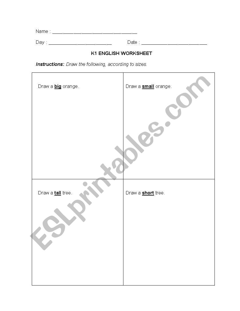 Identifying sizes worksheet