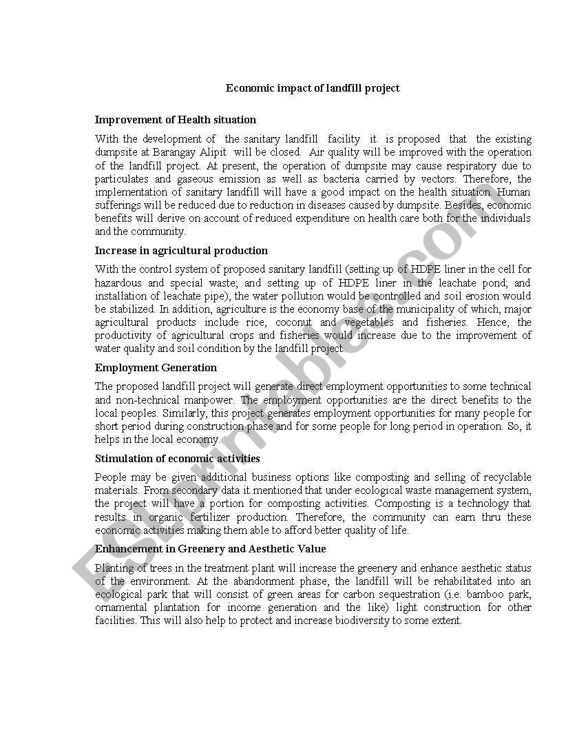 Economic impact of landfill worksheet