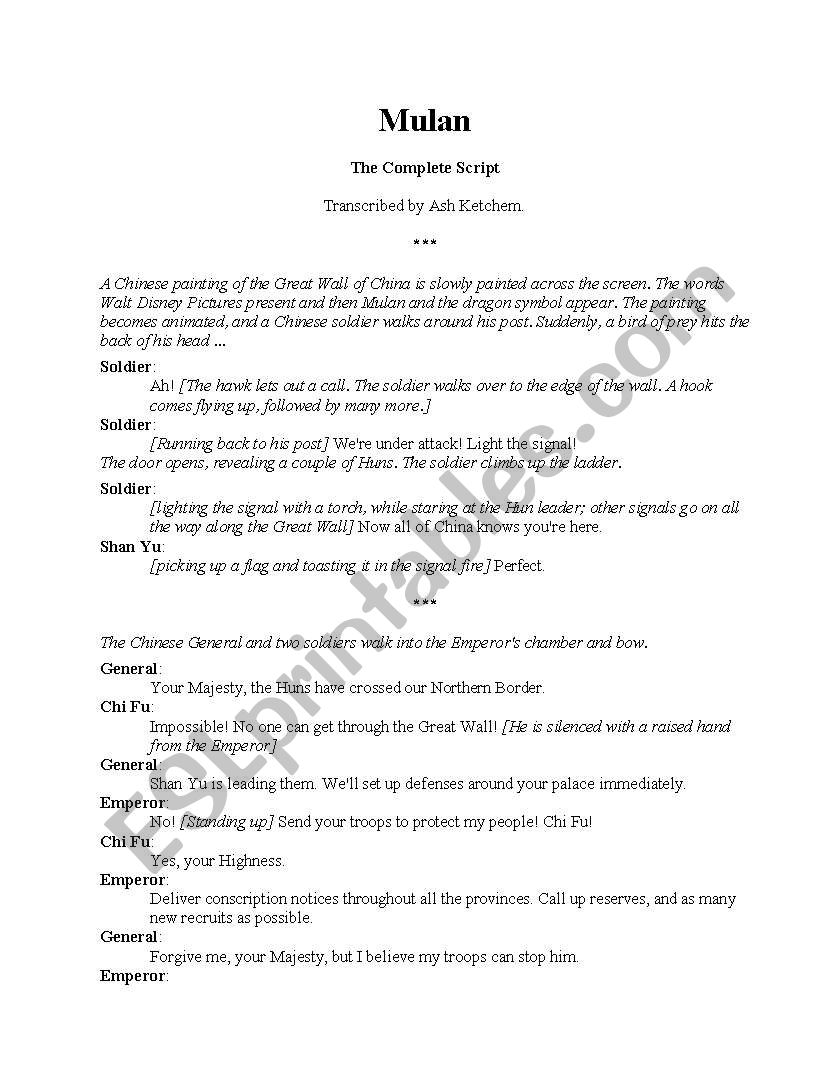 Mulan script worksheet