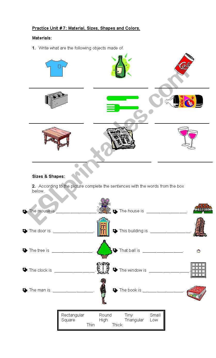 Materials Shapes Colors worksheet