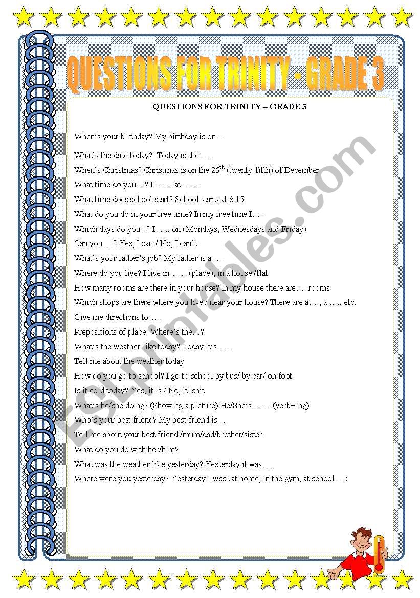 TRINITY GRADE 3 QUESTIONS worksheet