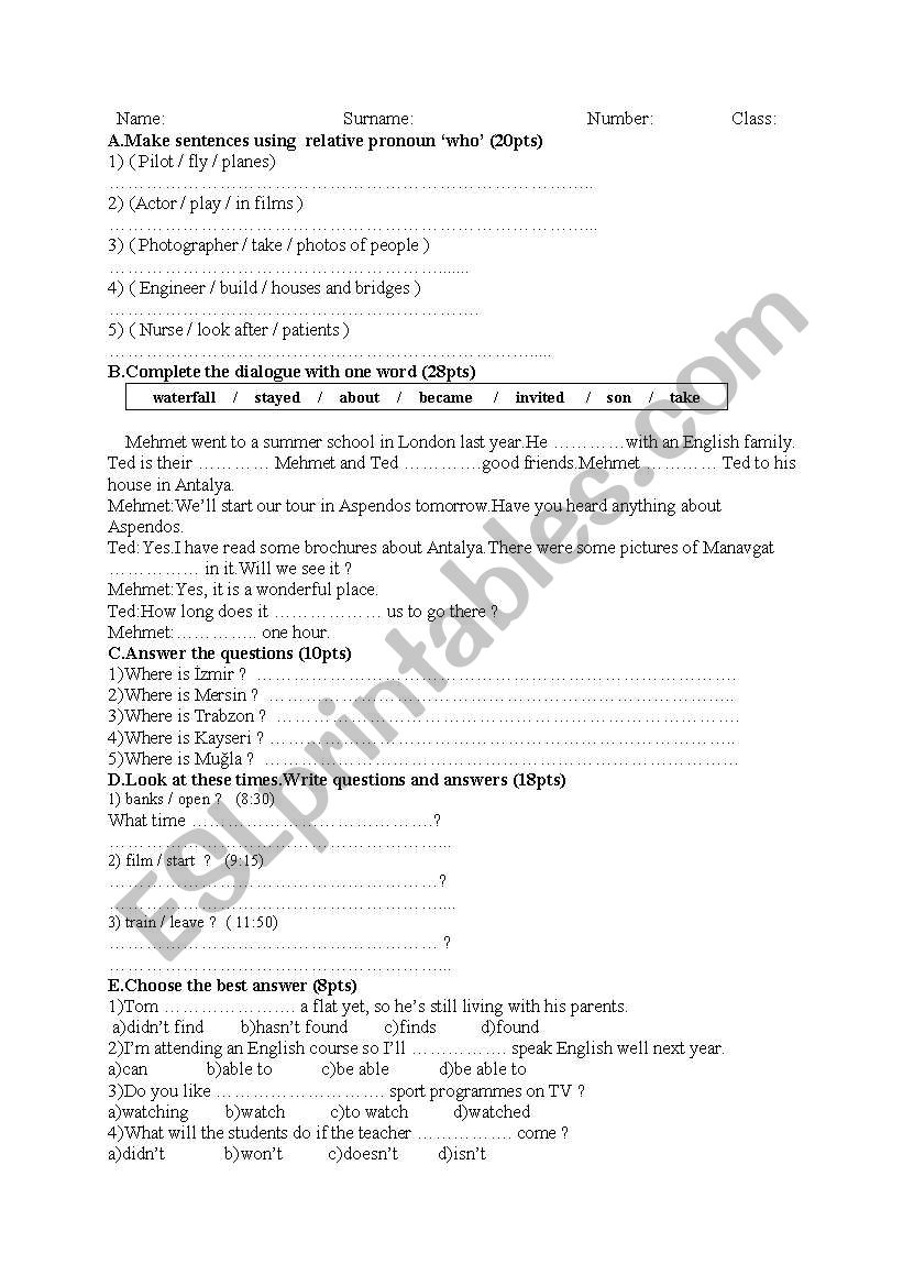 Sample exam worksheet