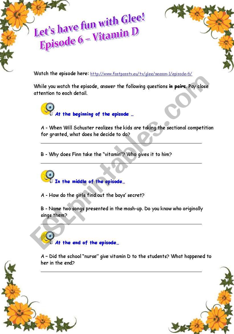 Video Comprehension Activity - Glee (season 1 - episode 6 - vitamin D)