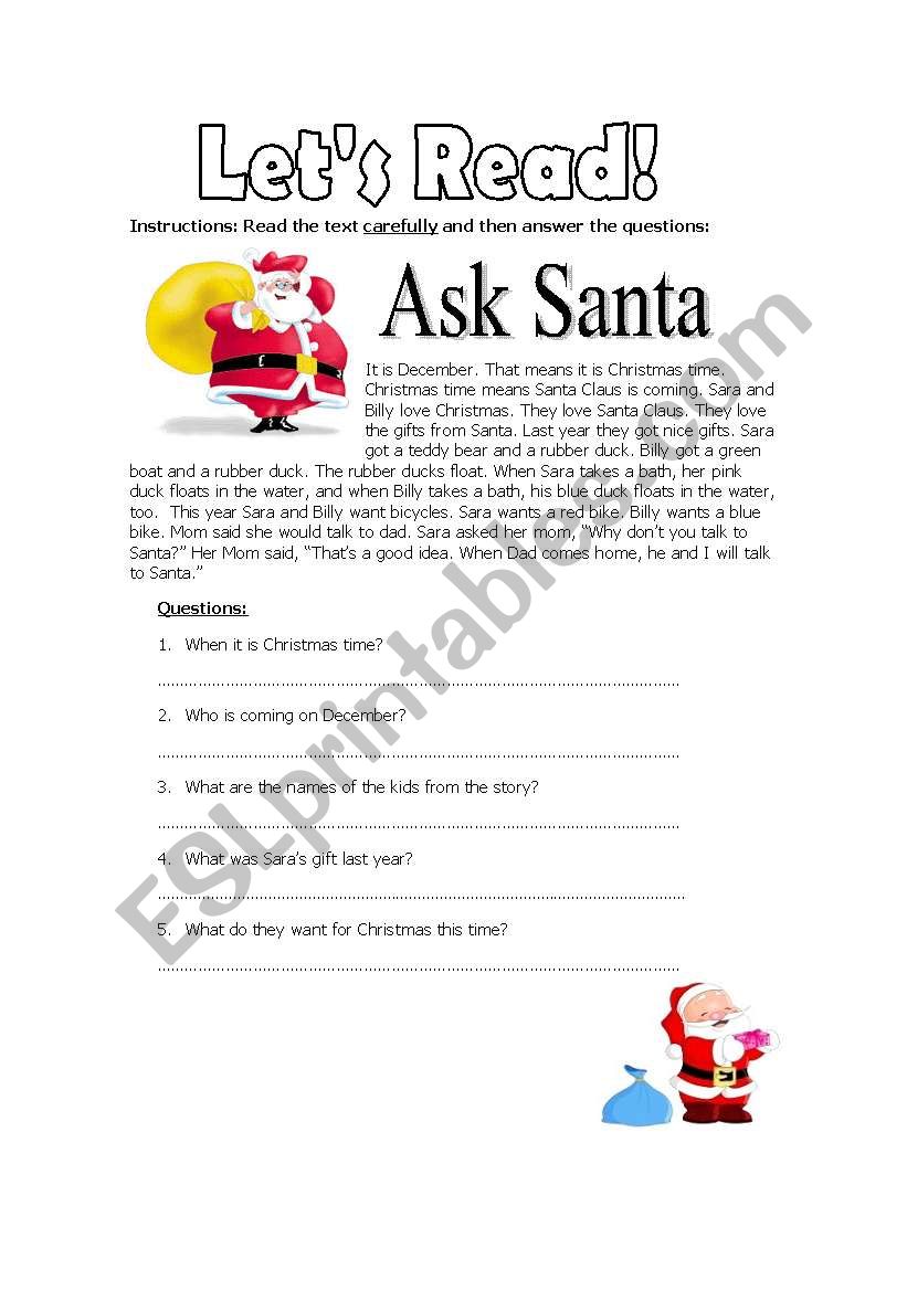 Ask Santa (short reading) worksheet