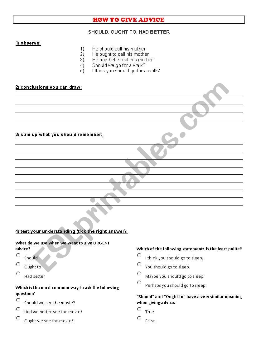 how to give advice worksheet worksheet