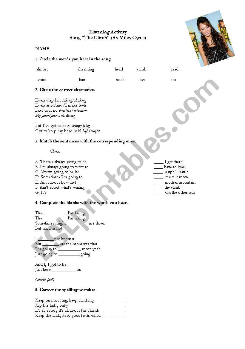 Song The Climb worksheet