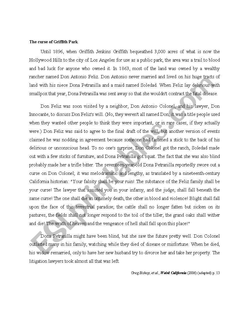 The curse of Griffith Park worksheet