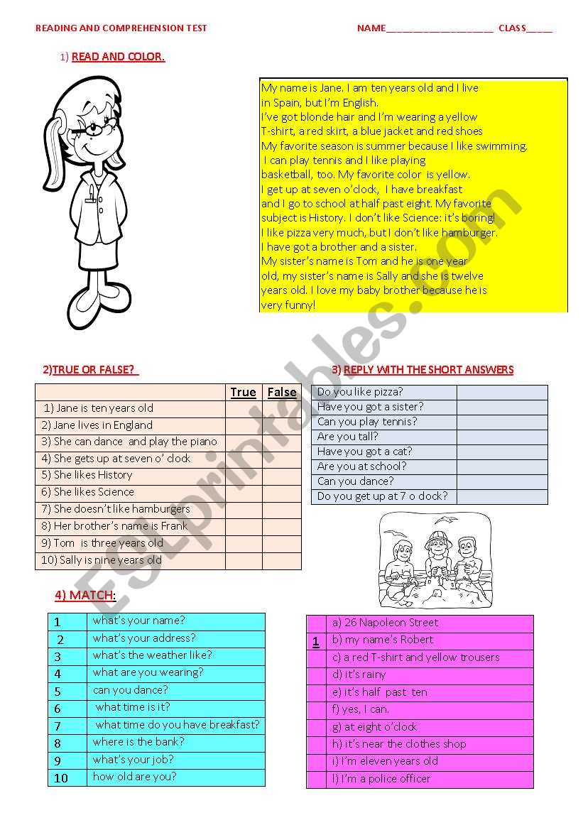 reading  and comprehension worksheet