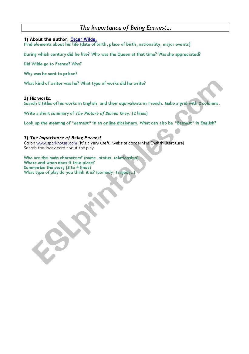 Oscar Wilde worksheet