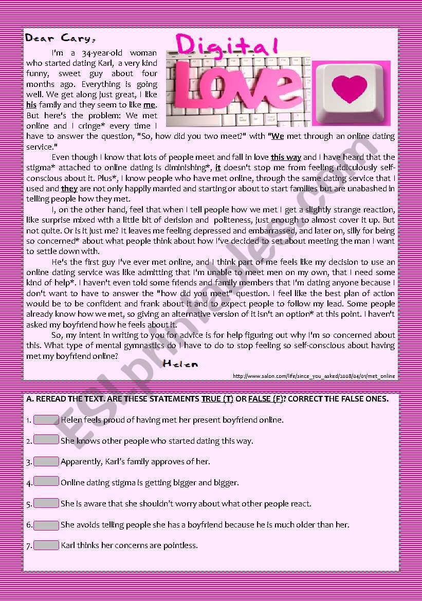 Text  - Digital Love (Online Romance) + Comprehension + Rephrasing + Essay/Debate