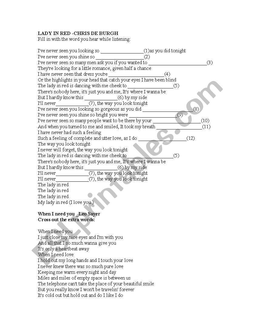 love songs worksheet