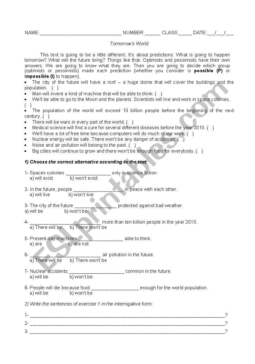 Predictions worksheet