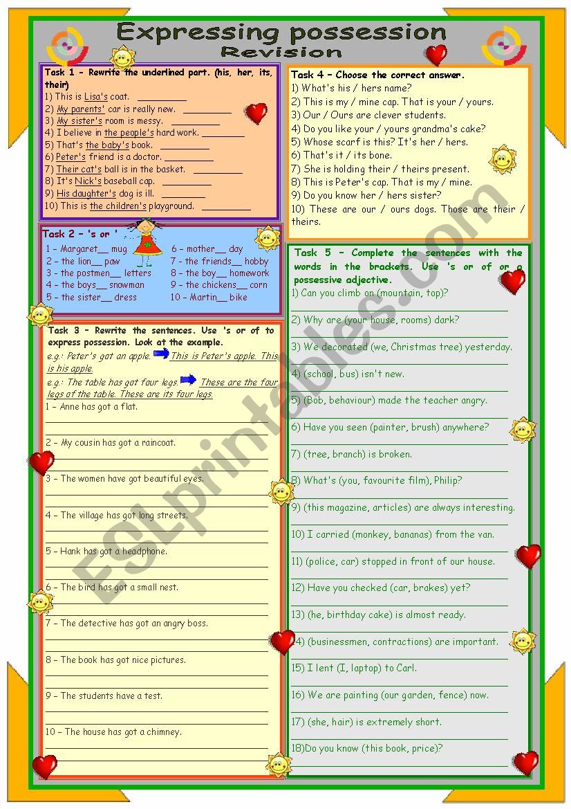 Expressing possession ** Revision ** for intermediate ss ** 2 pages ** 9 tasks ** with key ** fully editable